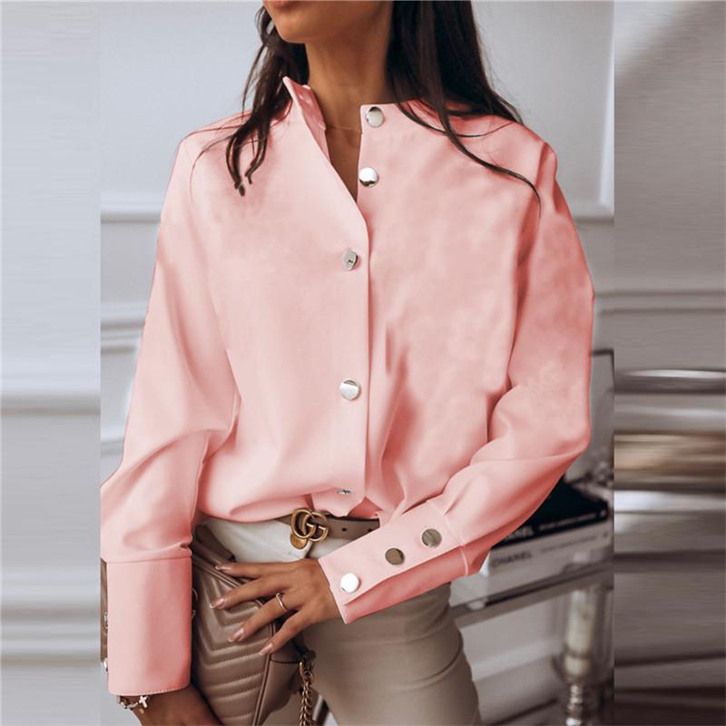 

Женские свободные модные рубашки, однотонные рубашки с воротником-стойкой и длинным рукавом, облегающие топы 3XL розовый