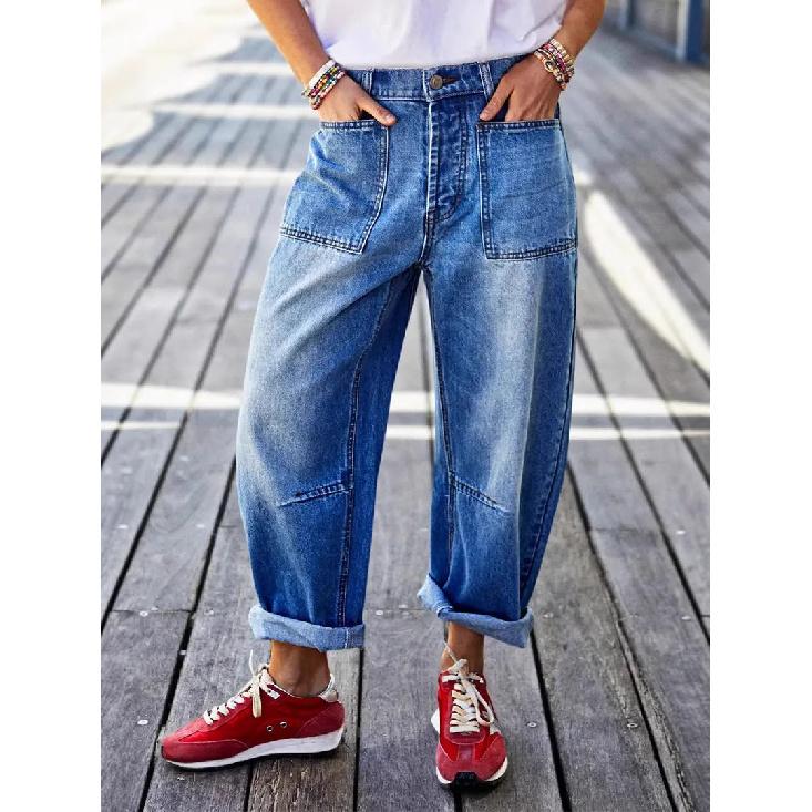 Jeans da donna con orli arrotolati, tasche cucite, vita media, gamba a botte, jeans cropped da donna