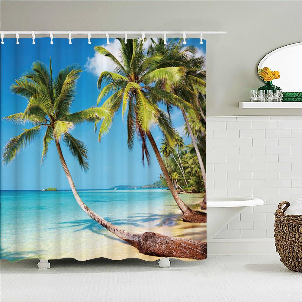 High Quality Sunny Sea Beach Scenery Fabric Shower Curtain Waterproof Printing Bath Curtains For Bathroom Decorate With Hooks
