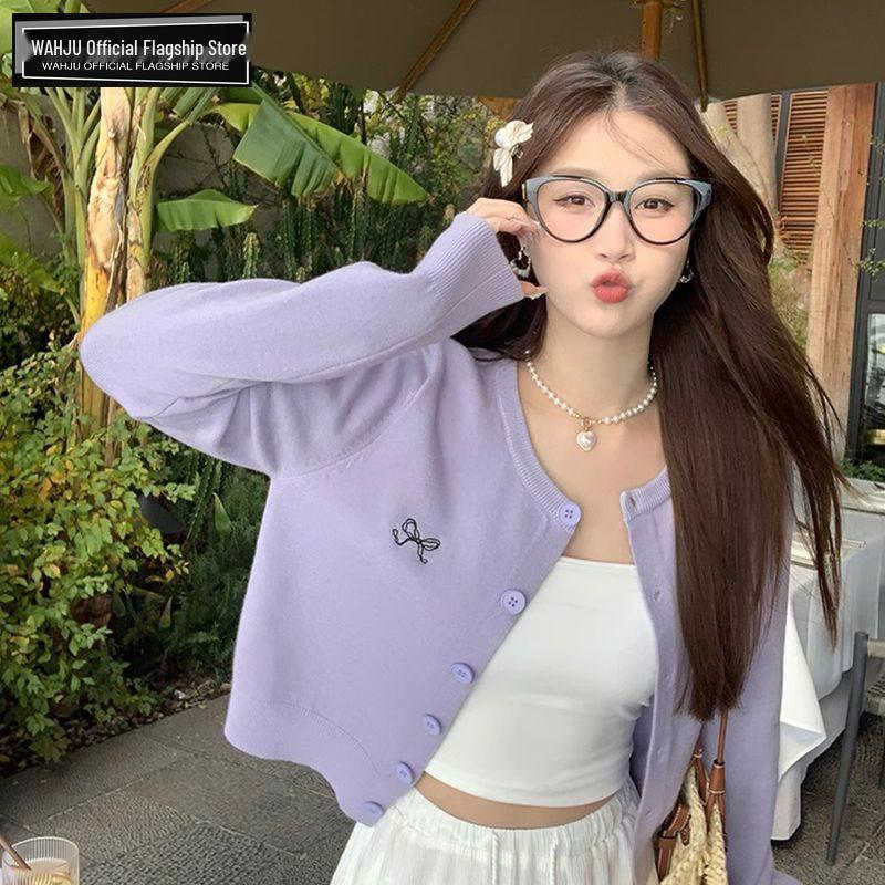 

Женский весенний фиолетовый вязаный кардиган с вышивкой - мягкий короткий верхняя одежда топ S [Suggested 80-95 kg]