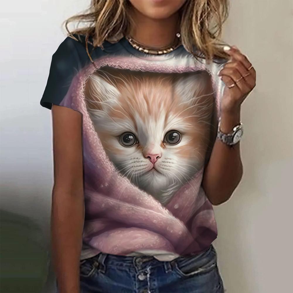 Summer Round Neck 3D Funny Cat Print Top Fashionable Casual Short Sleeved Women's T-shirts