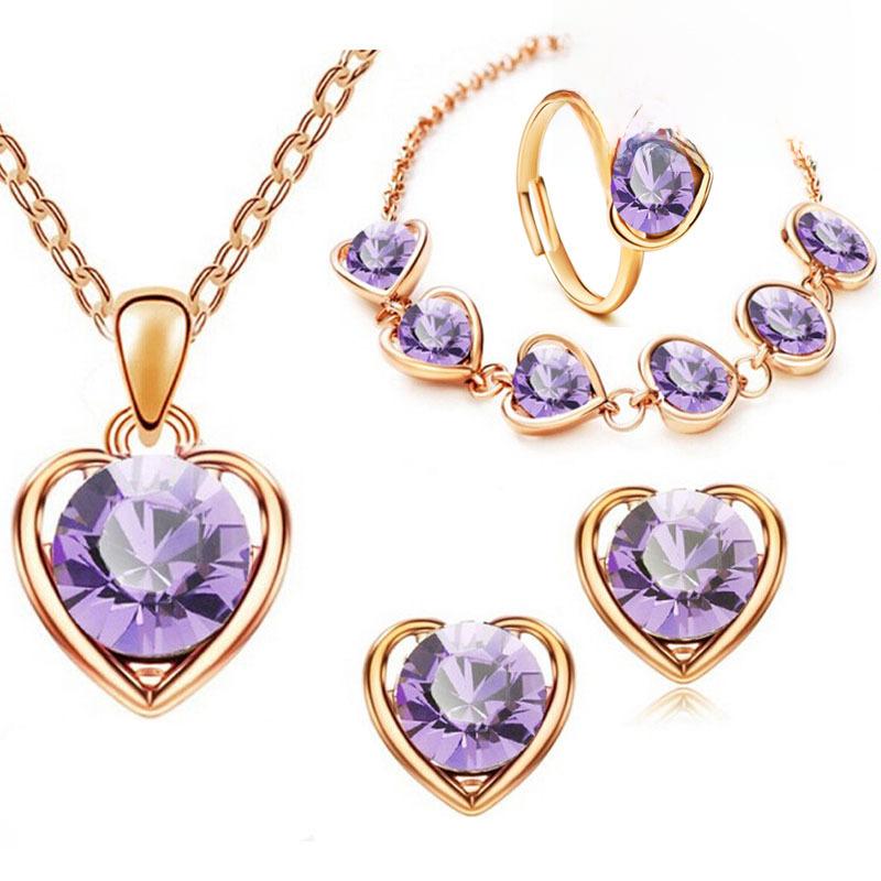 Crystal Heart Jewelry Set: Necklace, Earrings, Ring & Bracelet