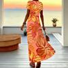 Women Plus Size Short Sleeve V Neck Maxi Dress Coral Diagonal Leopard Splicing Print Loose Summer Beach Long Dress
