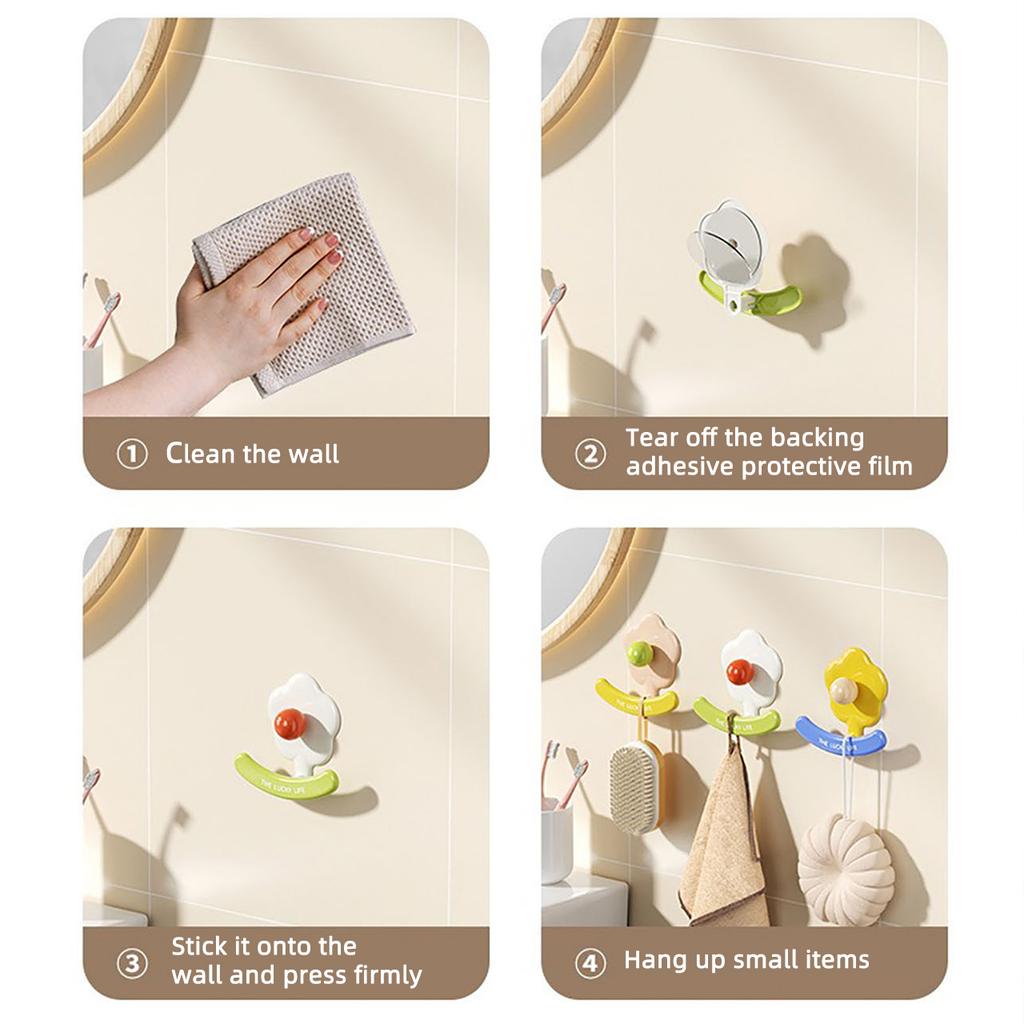 Wall Mounted Flower Hooks Kitchen Bathroom Self-adhesive Hanging Holder Towels Shower Balls Brush Storage Rack