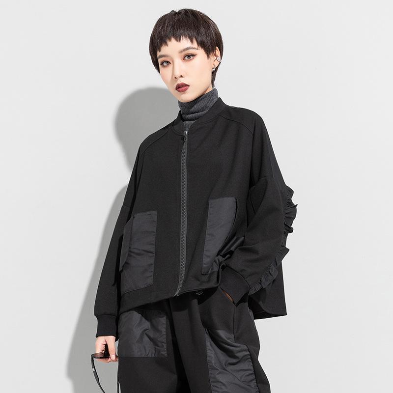 

Женская темно-синяя эластичная хлопковая куртка А-силуэта с оборками на раннюю весну Large чёрный