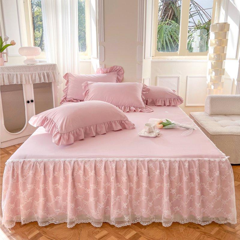 100% Cotton Princess Lace Bed Skirt + 2 Piece Pillowcases Bedding Bedspreads Sheet Pink Lace Bedding Set Bed For Girl Bed Cover