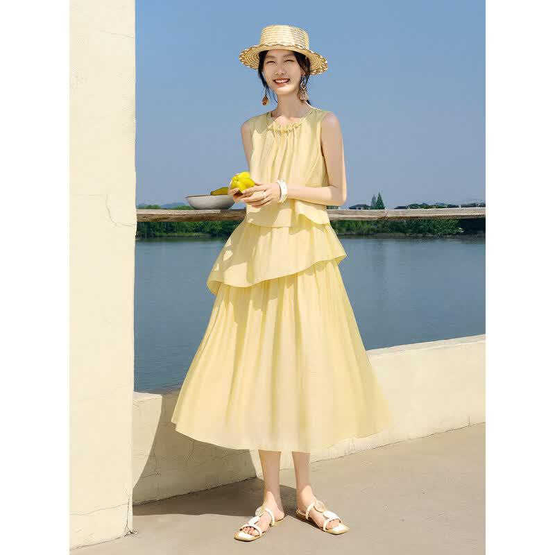 XWI Summer Dream Yellow Tiered Beaded Sleeveless Maxi Dress 2XL