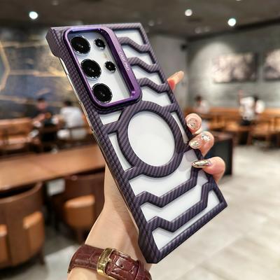 For Samsung Galaxy S24 Ultra Magnetic Case Frameless Kickstand PC Phone Cover Carbon Fiber Texture