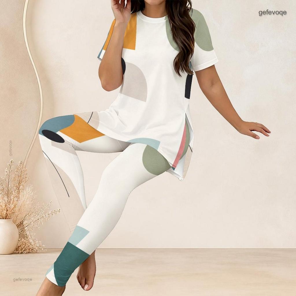 Women Plus Size Geometric Printed Round Neck Short Sleeve Long Top And Long Pants Two Piece Set