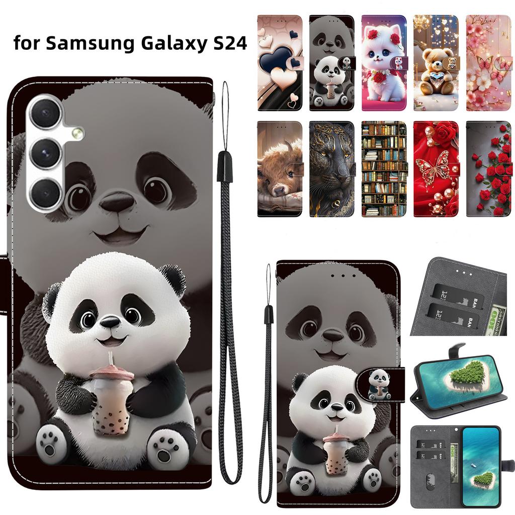 Handmade PU Leather Flip Case for Samsung Galaxy S24 (SM-S921B) Anti-Slip Shockproof Cover with Wrist Strap & Heart/Rose Cat Designs