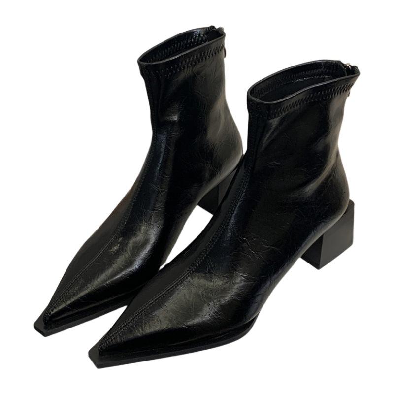 Franska spetsiga ankelstövletter dam tjock klack 2025 nya höst och vinter mjukt läder dragkedja bak hög klack smala stövlar