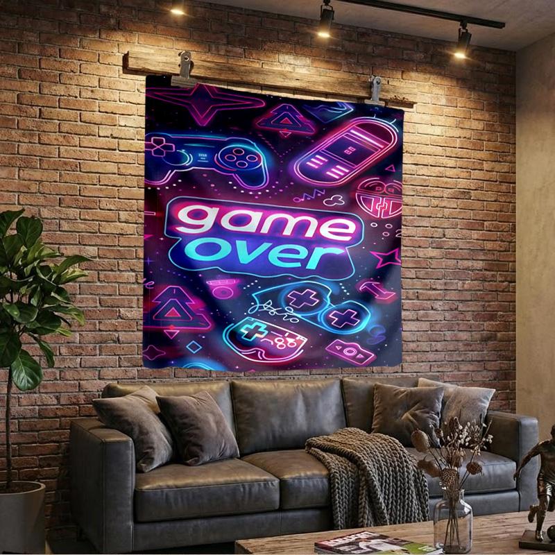 Neon Game Over Art Printed Tapestry, Wall Hanging,Livingroom, Dormitory, Large Wall Decor, Fabric Decor Fan Birthday Gifts
