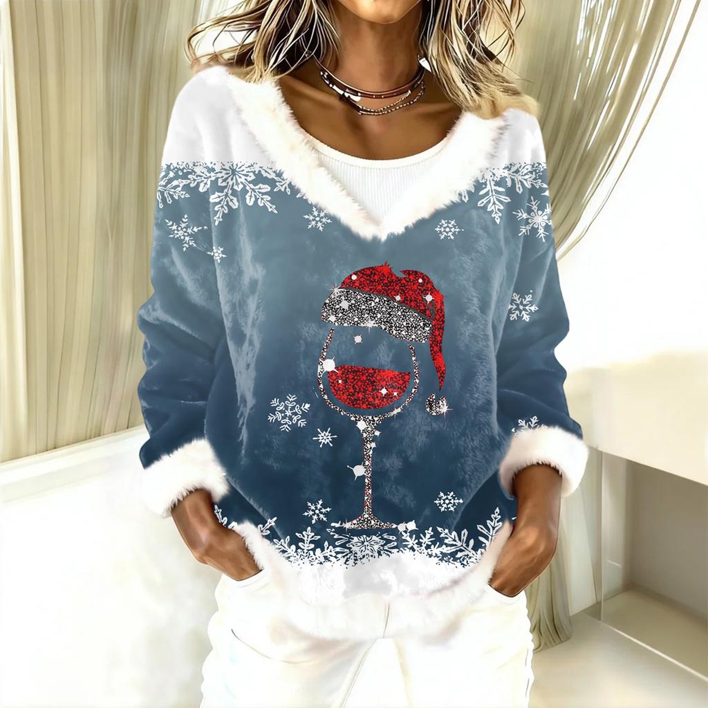 Dame Mote Plysj V-hals Pullover Topp Langermet T-skjorte Juletrykket Genser