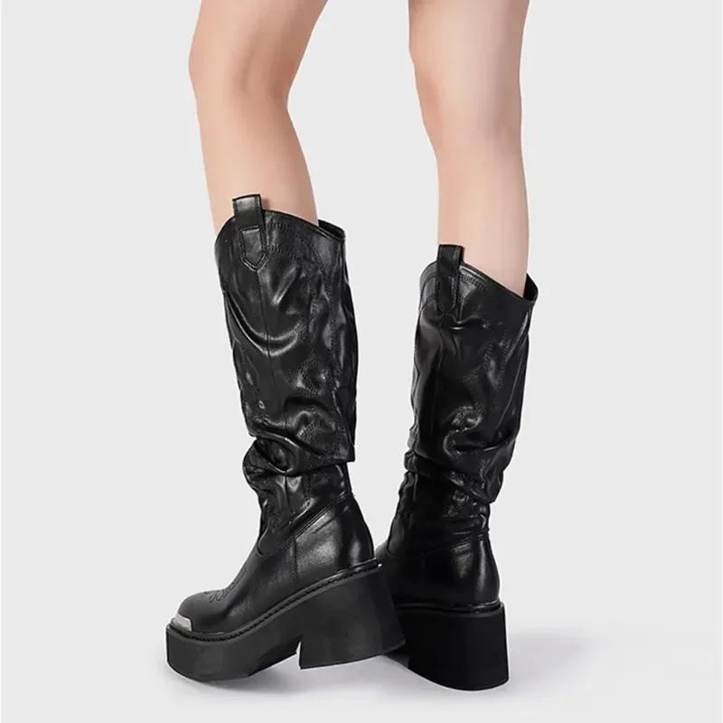 Fashion Luxury Brand Motorcycle Women's Calf Boots Platform Chunky High Heels Goth Metal Punk Shoes for Women Winter Comfy Design Boots