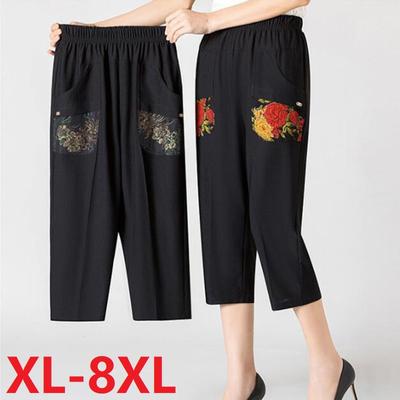 8XL Extra Large Middle-Aged Women Summer Pants Casual Elastic Waist Pencil Calf Length Pants Printed Pants