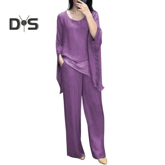 Abito casual da donna con giunture Top Pantaloni a gamba larga Abito ampio per casa Festa Ufficio Girocollo Manica a pipistrello Abito da pendolarismo