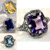 Elegant European Style Jewelry With Classic Square Cut Blue Sapphire Rhinestone Studded Ring
