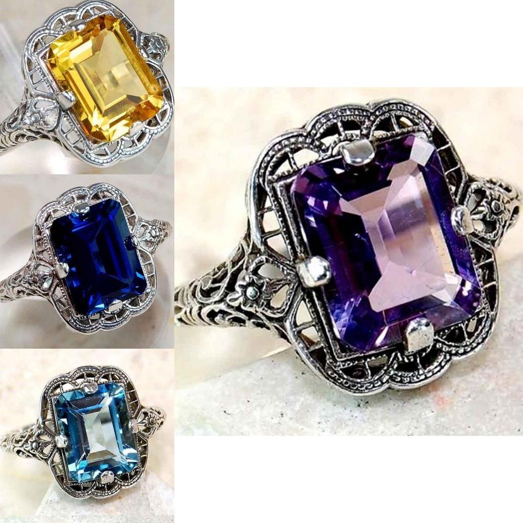 Elegant European Style Jewelry With Classic Square Cut Blue Sapphire Rhinestone Studded Ring