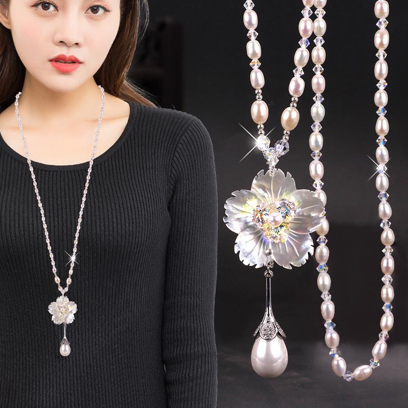 Pearl Necklace For Women Long Floral Pendant With Shell Material For Fashion Jewelry