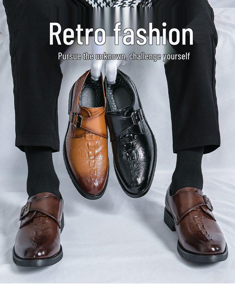 Men's Formal Crocodile Pattern Monk Strap Slip-On Shoes for Weddings and Business