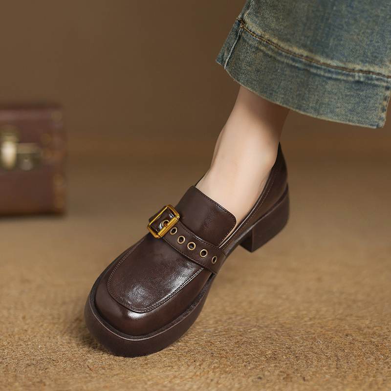 Krazing Pot Cow Skin Autumn Winter Shoes Chunky Heels Size 43 Size 42 Round Toe Slip on Metal Buckle Deep Mouth Pumps