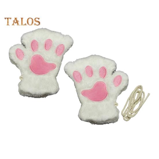 1 Pair Women Winter Gloves Half-finger Cat Paw Shape Thick Plush Elastic Warm Heat Retention Non-slip Windproof Wrist Protection Cycling Riding
