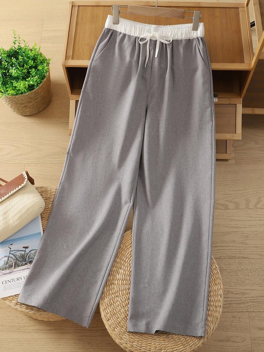 

Ретро контрастная цветная вставка на кулиске эластичная талия повседневные брюки женские летние новые универсальные и тонкие хлопково-льняные широкие брюки M