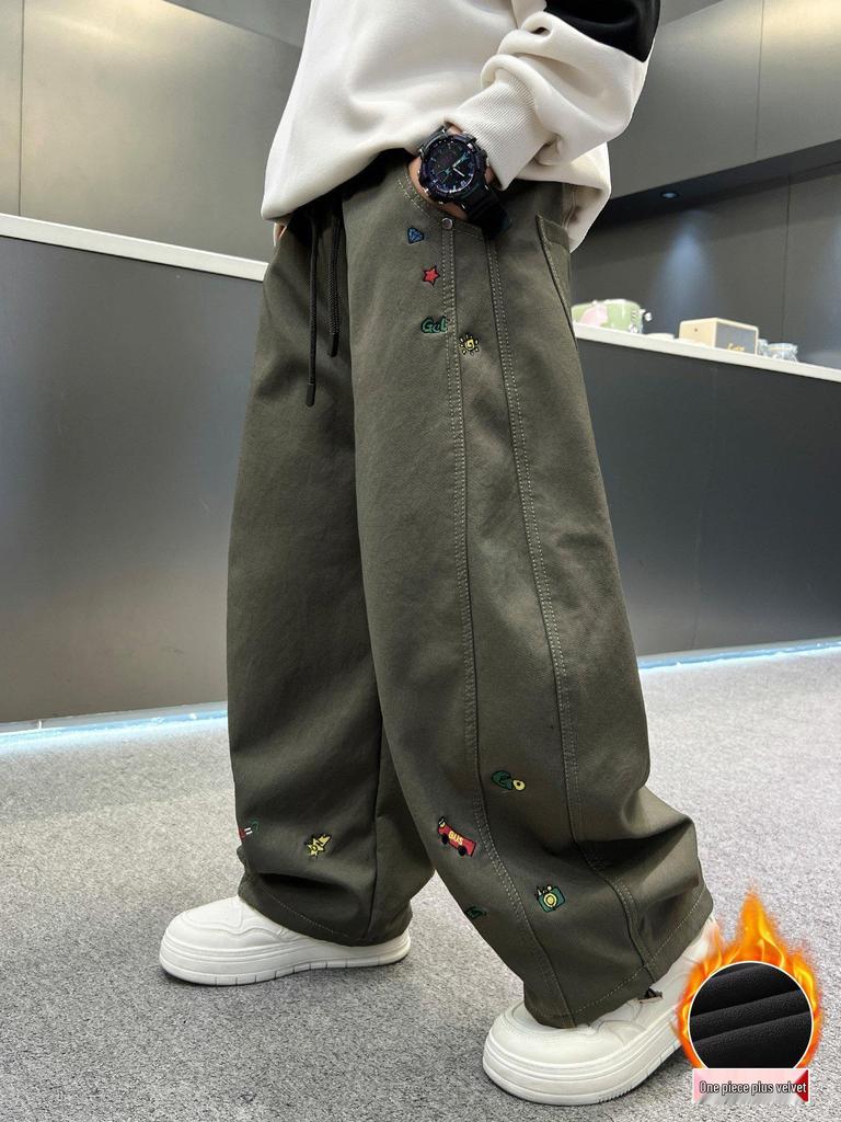Boys' Fleece-Lined Warm Casual Pants - Thick, Versatile, Loose Fit for Autumn & Winter