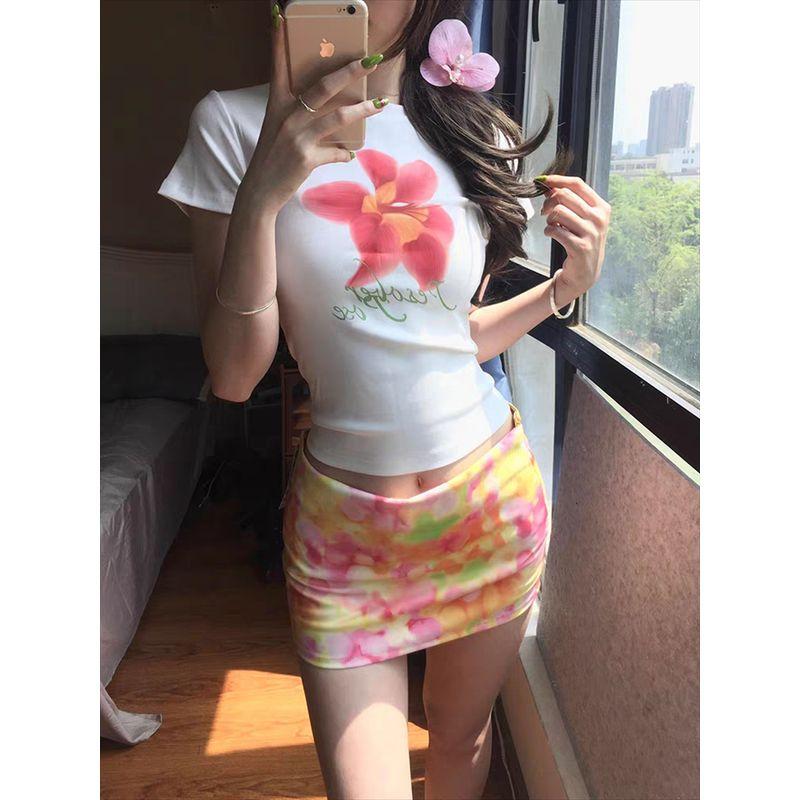 Kumikumi Sweet Style Set round Neck Short sleeve T-shirt Women Summer Slimming All-Match Hip Skirt Two piece skirt