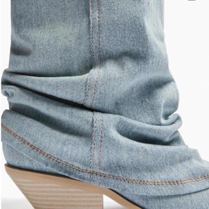 Women Pleats Blue Denim Thigh High Boots Autumn New Style Thick Heeled Pointed Toe Cowboy Boots Woman Slip On Western Long Boots