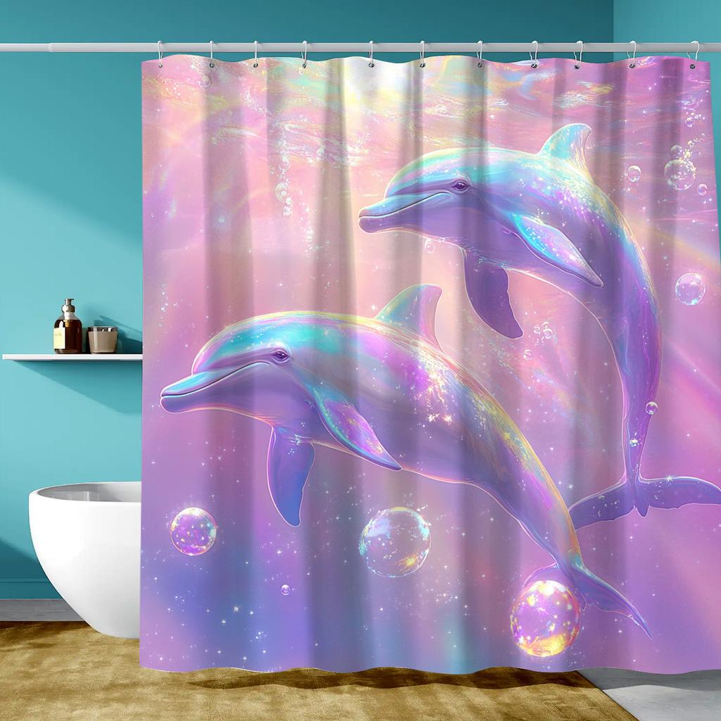 1pc Fantasy Purple Dolphin Microphone Digital Printed Shower Curtain with Bright Ocean and Bubble Patterns, Comes with Hook