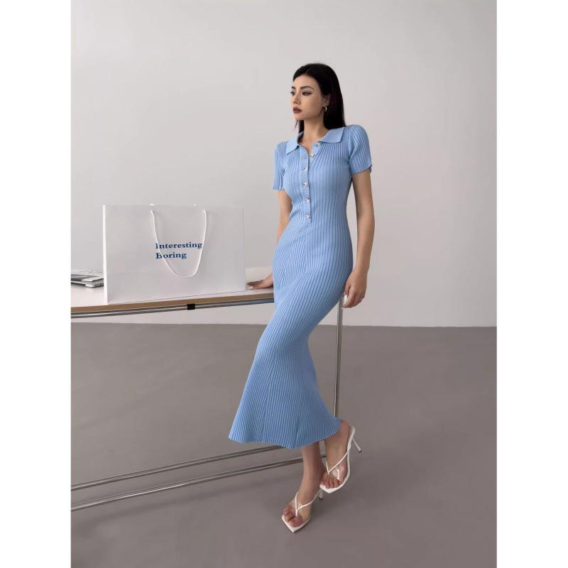 European & American Fishtail Knit Dress: Women's Summer Slim Fit Polo with Short Sleeves and Hip Wrap Skirt