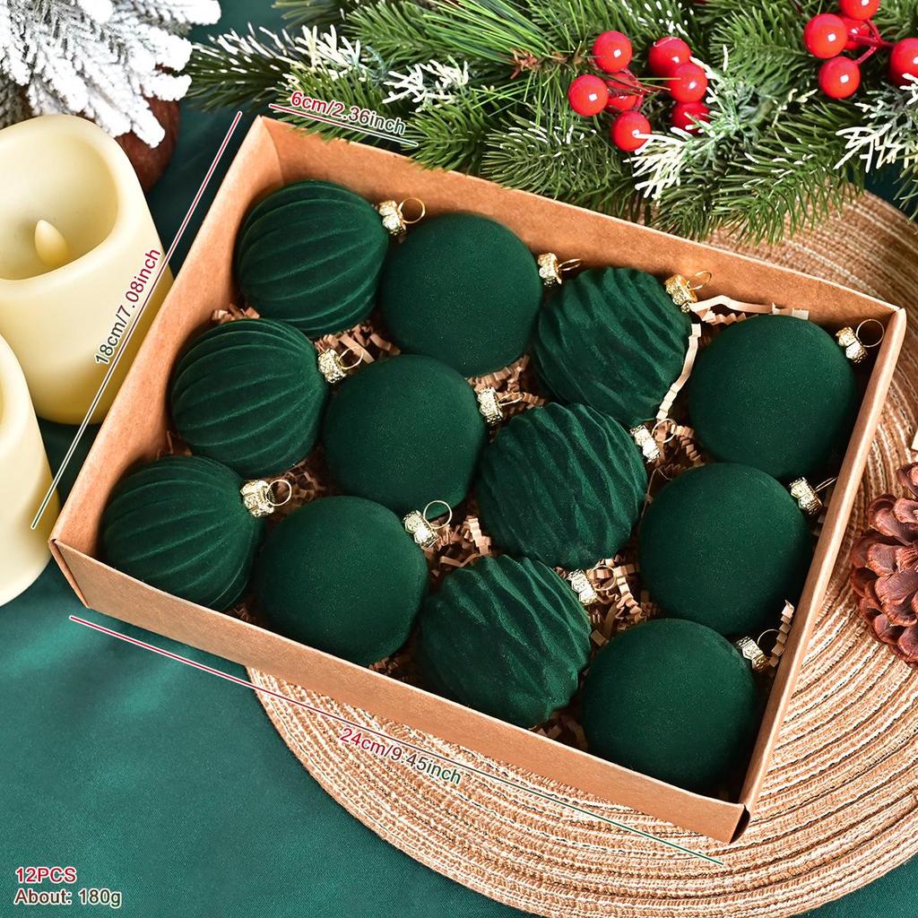 Elegant Wine Red & Dark Green Pumpkin Pattern Christmas Tree Flocking Ball Set