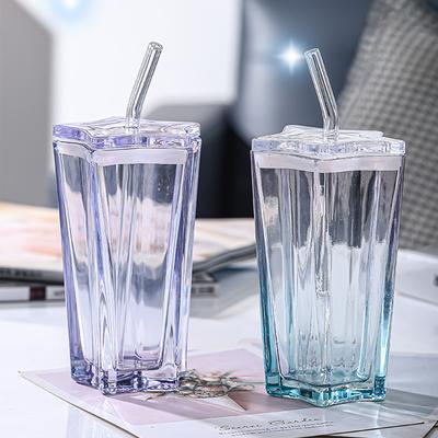 Creative Pentagram Shaped Glass Cup with Lid and Straw High Appearance Gradient Glass Juice Coffee Milk Straw Cup for Gift 1pcs