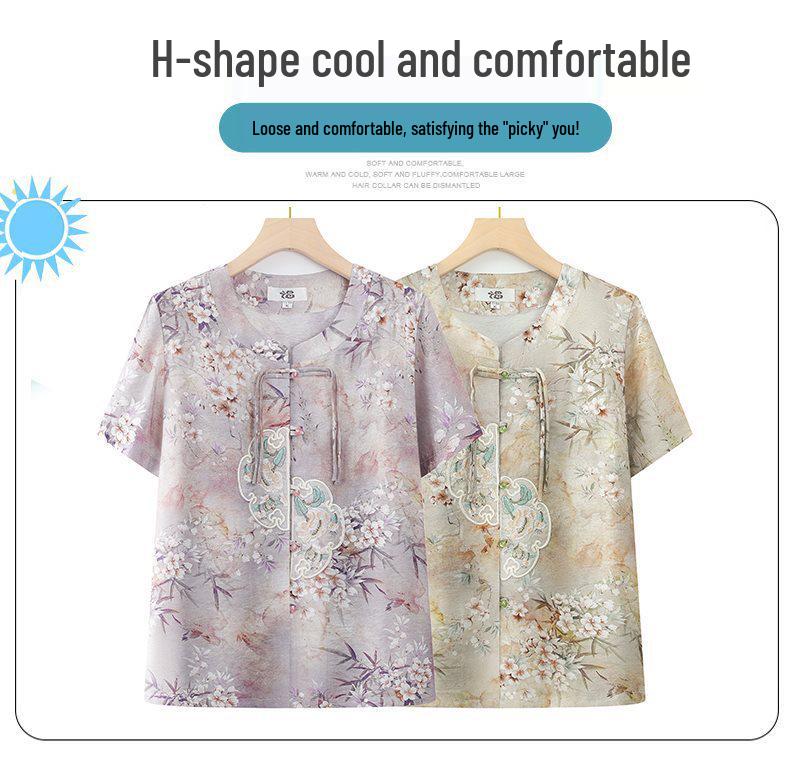 Chinese Style Summer Suit: Short-Sleeved Shirt & Cardigan Set for Middle-Aged and Elderly Women