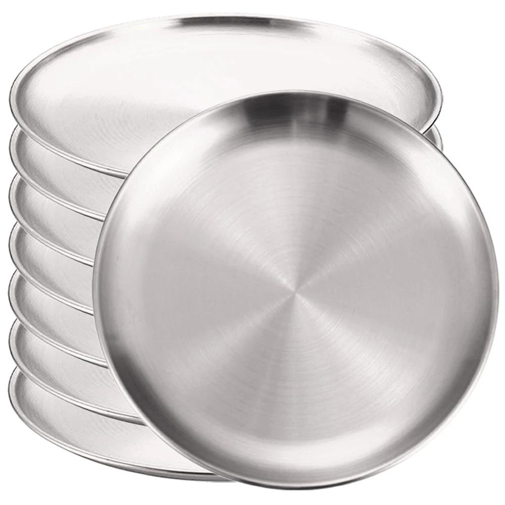 8Pcs Stainless Steels Round Golden Shallow Tray Plate Rust-Proof 14/17/20/23/26cm Camping Plate BBQ Picnic Dishes Cookware