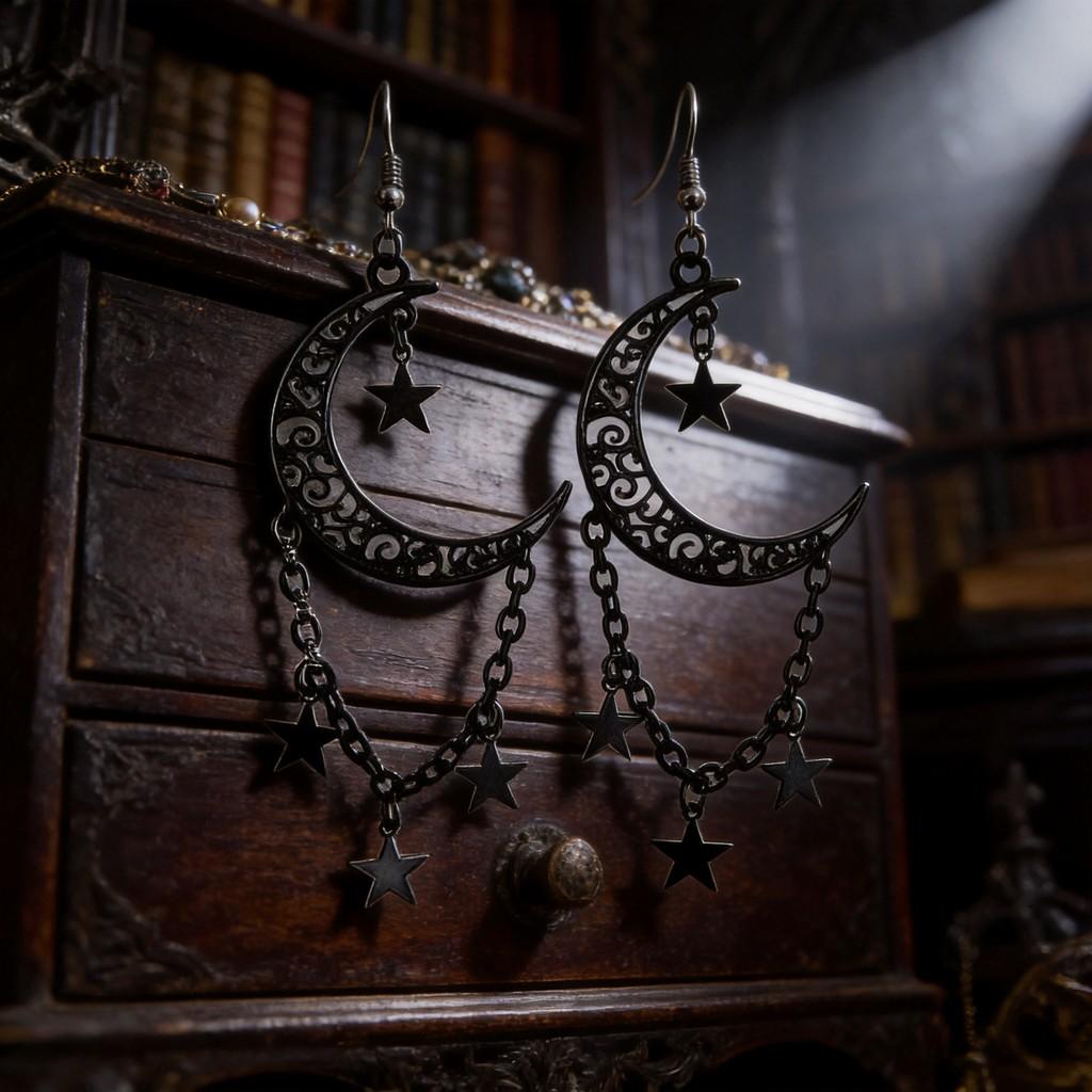 Gothic Black Moon Star Chain Earrings With Vintage Bohemian Style For Women