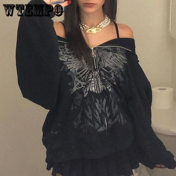 Y2K Grunge Punk Butterfly Print Zip-up Hoodies Mall Goth Streetwear Black Hooded Coat Long Sleeve Autumn Loose Jacket