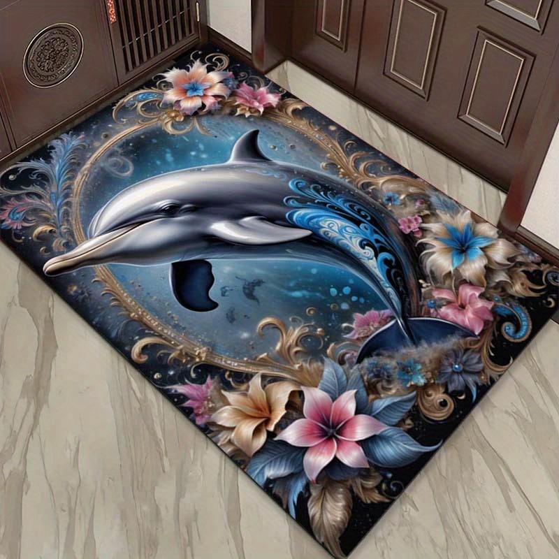 Dolphin Floral Art Rug for Modern Homes - Luxurious Ocean Theme Living Room Accent Piece Anti Slip Carpet Can Be Machine Washed