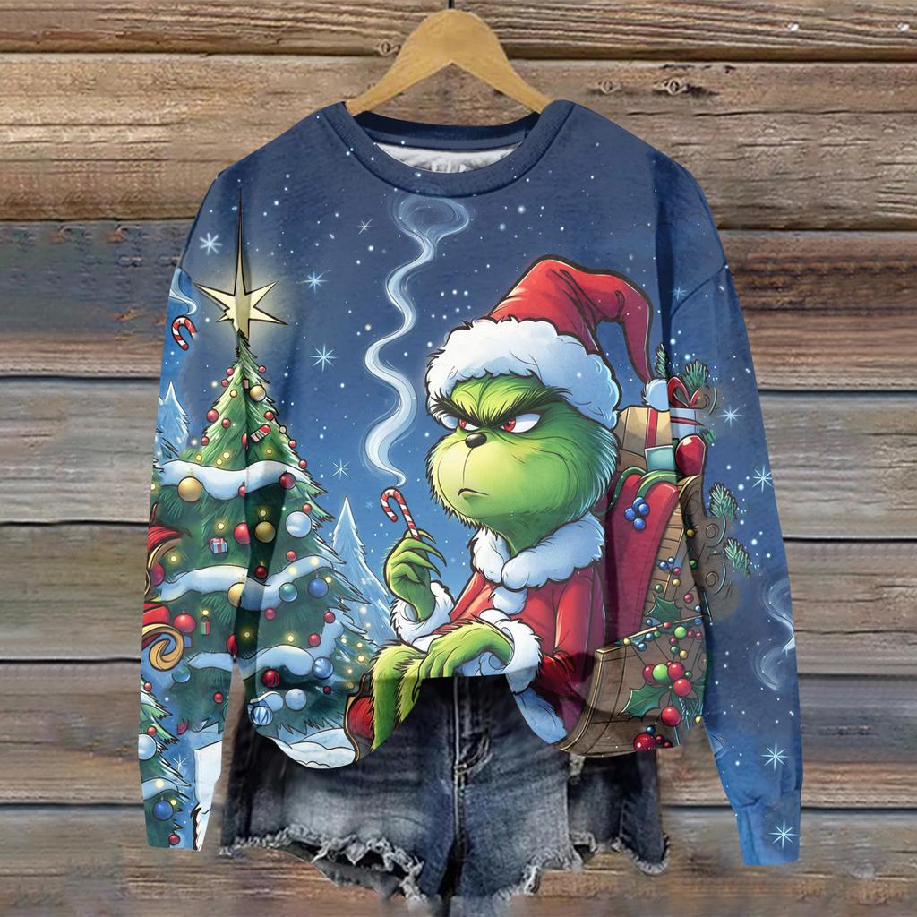 Ladies' Christmas Greentown Print Casual Long Sleeved Round Neck Sports Hoodie Top