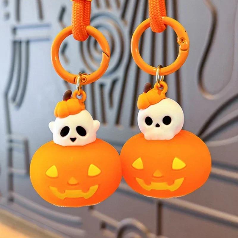 New Halloween Pumpkin Lamp Keychain for Men and Women, Cartoon Skull Model, Car Bag Pendant, Keyholder Accessories, Kawaii