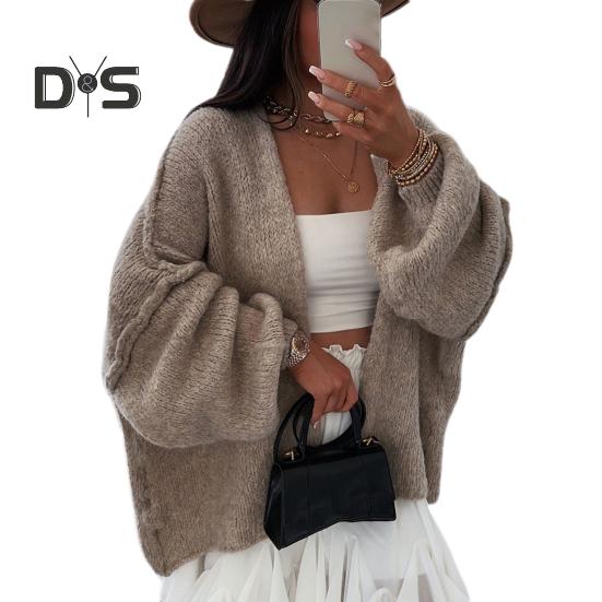 Cardigan feminino lanterna manga longa cor sólida oversized malha cardigan frente aberta leve suéter outwear