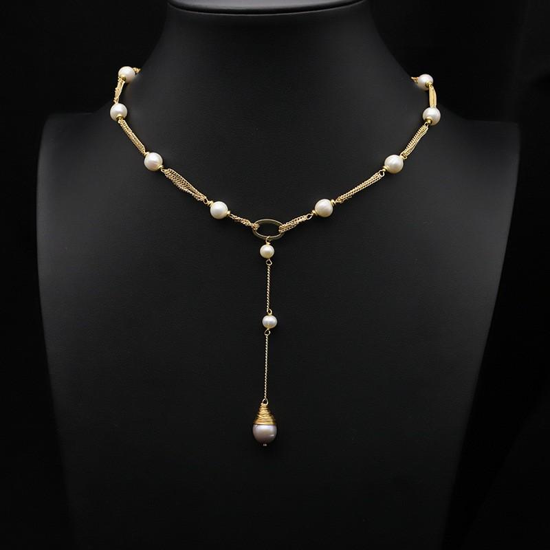 Handmade Freshwater Pearl Pendant Necklace Women Vintage Wrap Wire Sweater Chain Boho Chic Jewelry
