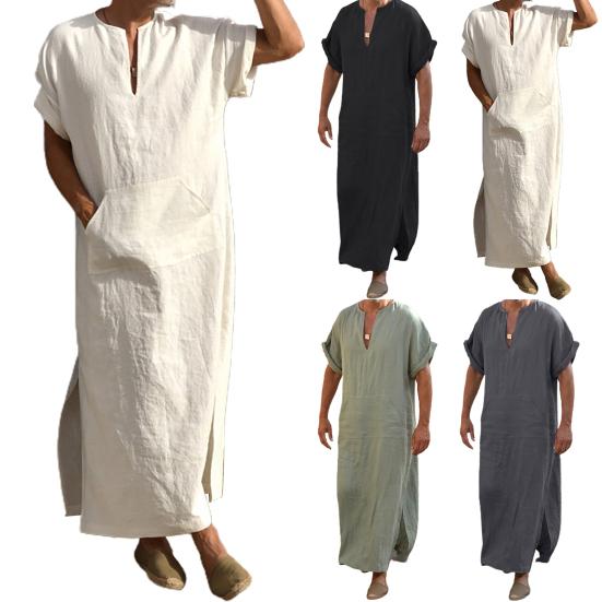 Deep V-neck Men Robe Short Sleeve Lightweight Solid Color Side Split Loose Robe
