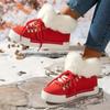 Christmas Fashion Thickened Warm Fur Red Boots, Solid Color Lace Up Flat Warm Sneakers