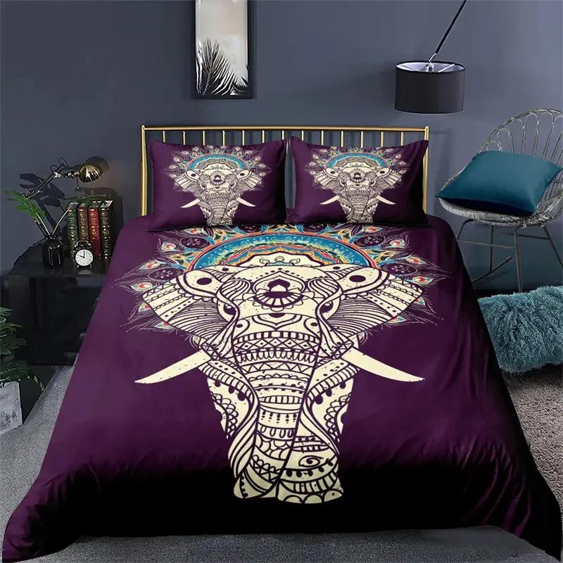 3D Printed Elephant Bedding Set for Boys Adults Teens Ganesha Duvet Cover Set Queen Size Polyester Bohemian Style Luxury