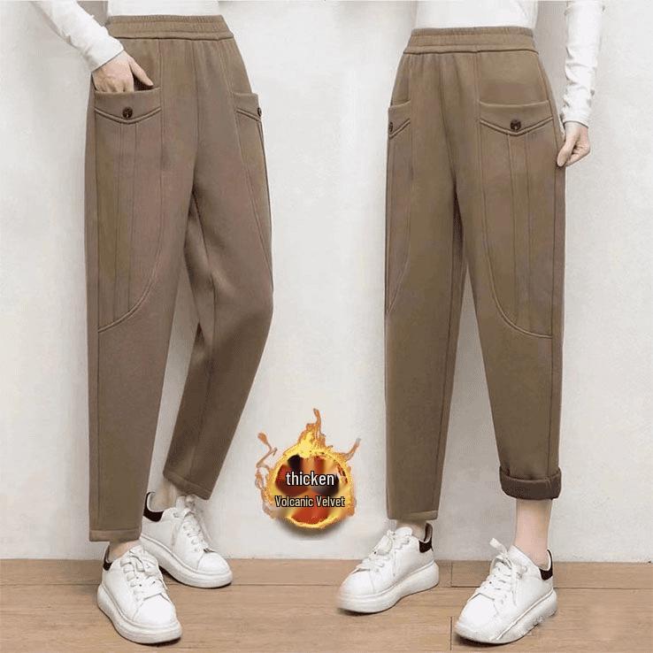 

Autumn/Winter Women s Plus Velvet High-Waisted Slimming Harem Pants - Warm, Versatile, Casual Fashion for Moms 3XL [115-130 lbs] хакі