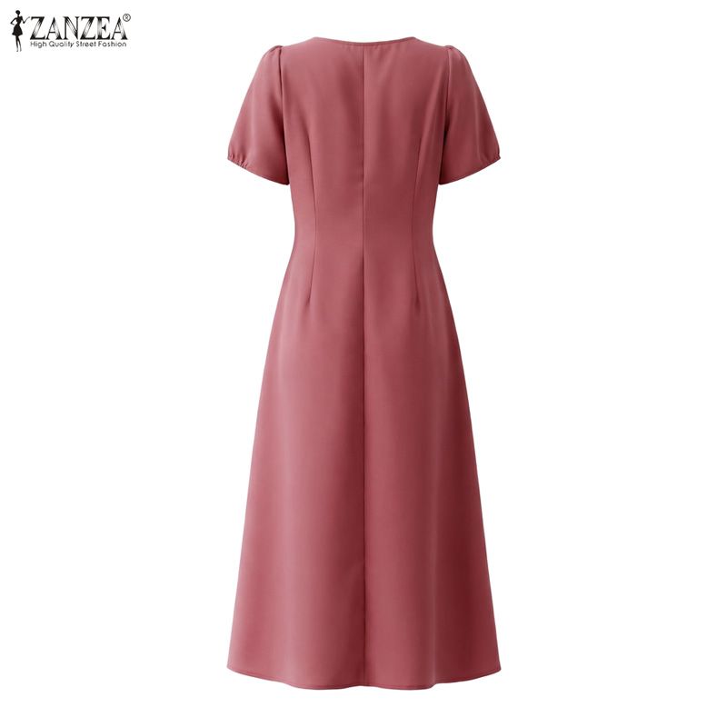 ZANZEA Women Casual V-Neck Solid Color Summer Short Sleeve Dress