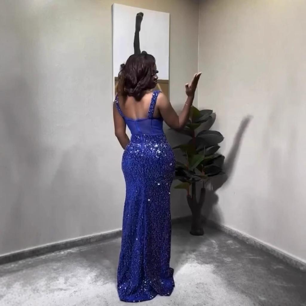 Hot-selling European and American style suspender low-cut dress, sequined split-ended halter skirt, sexy slim-fitting long dress