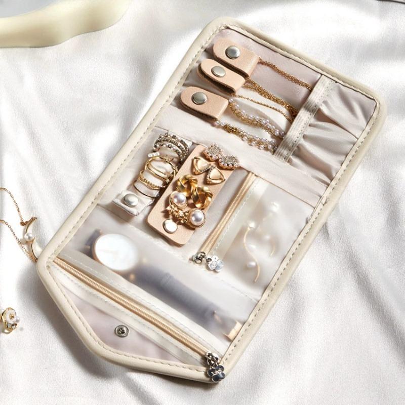 Travel Jewelry Organizer Bag PU Material Necklace Earring Ring Storage Pouch with Watch Compartment Portable Zippered